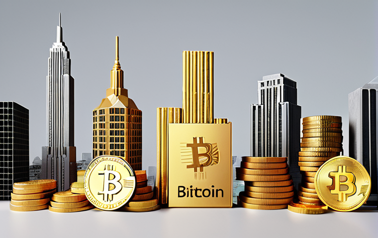 **Diverse portfolio:** A visually balanced arrangement showcasing various asset types like stocks, bonds (represented by certificates), real estate (a stylized cityscape), gold bars, and a subtle Bitcoin logo. The overall feel should be professional and reassuring, hinting at diversification.