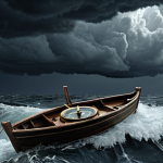 **

A small boat tossed in a stormy sea, representing investment risks. A compass and map are in the foreground, symbolizing knowledge and risk analysis. Dark and ominous clouds fill the sky.

**