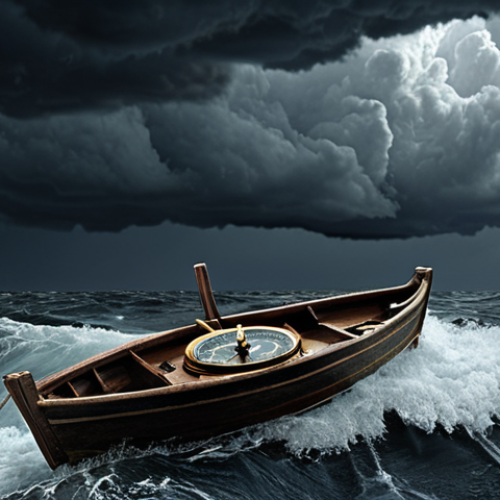**

A small boat tossed in a stormy sea, representing investment risks. A compass and map are in the foreground, symbolizing knowledge and risk analysis. Dark and ominous clouds fill the sky.

**