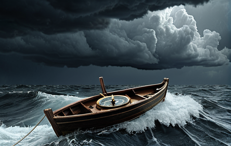 **
A small boat tossed in a stormy sea, representing investment risks. A compass and map are in the foreground, symbolizing knowledge and risk analysis. Dark and ominous clouds fill the sky.
**