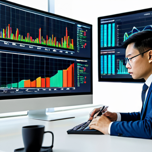 A professional Vietnamese financial analyst, in a modest business suit, seated comfortably at a modern desk in a sleek, high-tech office. Multiple large screens display complex data visualizations, stock charts, and AI-powered risk analysis dashboards. The analyst is focused, holding a stylus, thoughtfully interacting with a holographic interface, demonstrating deep concentration. The scene emphasizes data-driven decision-making and advanced technology in finance. Perfect anatomy, correct proportions, natural pose, well-formed hands, proper finger count, natural body proportions. Fully clothed, appropriate attire, professional dress, safe for work, appropriate content, family-friendly.