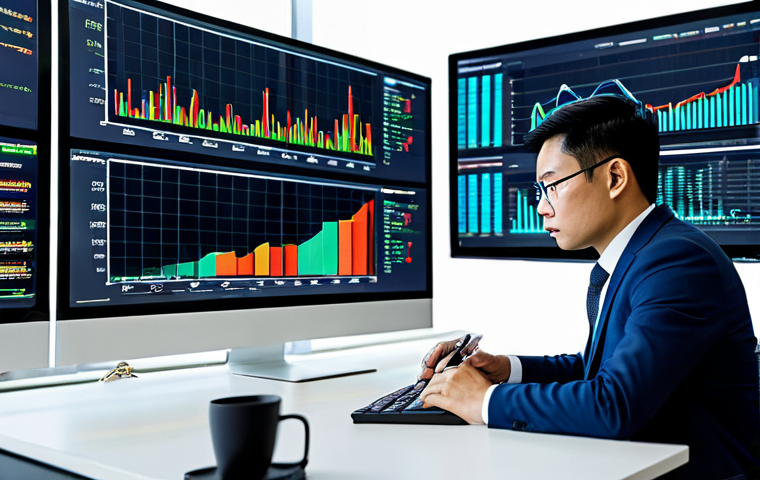 A professional Vietnamese financial analyst, in a modest business suit, seated comfortably at a modern desk in a sleek, high-tech office. Multiple large screens display complex data visualizations, stock charts, and AI-powered risk analysis dashboards. The analyst is focused, holding a stylus, thoughtfully interacting with a holographic interface, demonstrating deep concentration. The scene emphasizes data-driven decision-making and advanced technology in finance. Perfect anatomy, correct proportions, natural pose, well-formed hands, proper finger count, natural body proportions. Fully clothed, appropriate attire, professional dress, safe for work, appropriate content, family-friendly.