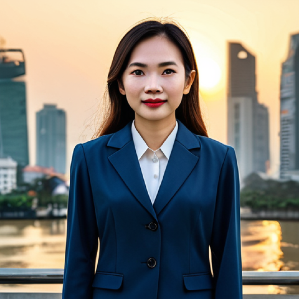 **
A professional businesswoman in a modest business suit, standing in front of the Ho Chi Minh City skyline at sunset, fully clothed, appropriate attire, safe for work, perfect anatomy, natural proportions, professional photography, high quality. The background features recognizable landmarks, reflecting a modern and thriving Vietnam. Family-friendly.
**