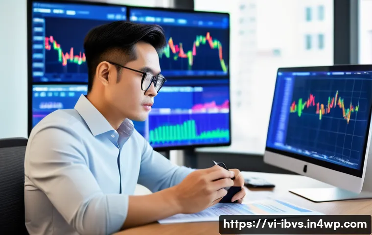 리스크 관리 투자에 대한 포럼 토론 - A professional Vietnamese investor sitting at a modern desk in a bright office, analyzing multiple d...