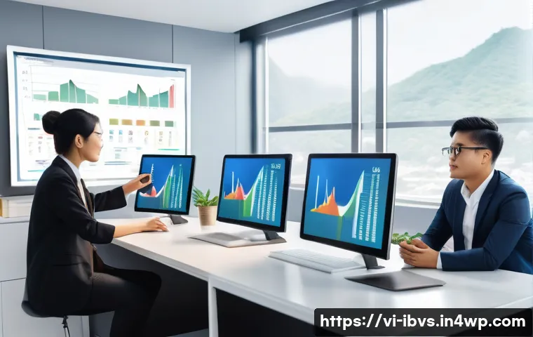 리스크 관리 투자와 비즈니스 연속성 - A modern Vietnamese startup office scene showing a diverse team of young professionals analyzing mar...